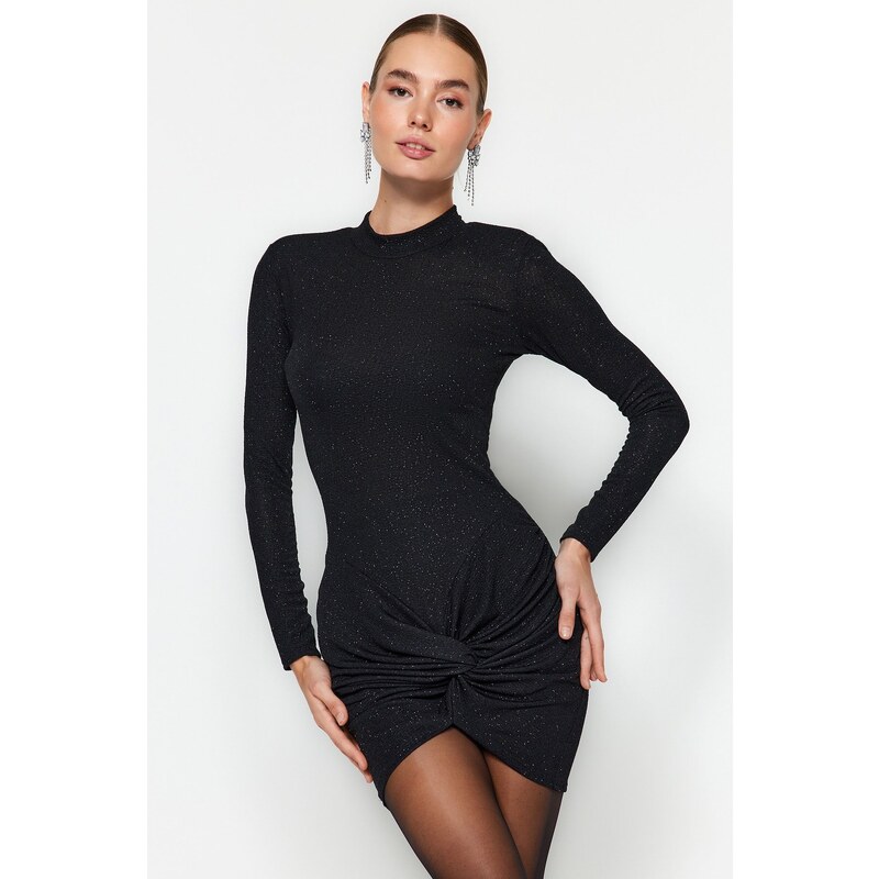 Trendyol Black Fit bleščice Srebrno pletena elegantna večerna obleka