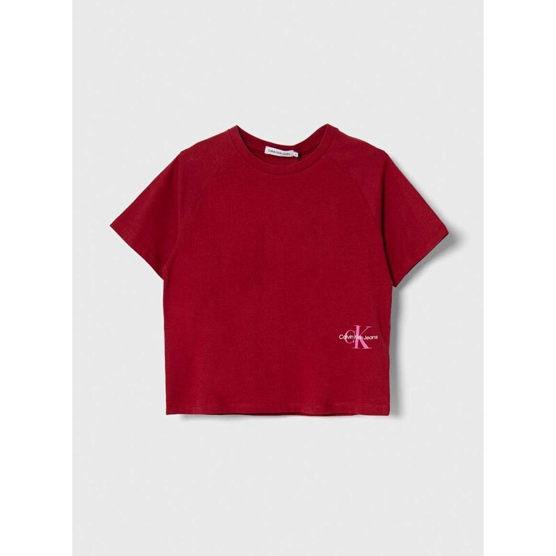 Otroška bombažna kratka majica Calvin Klein Jeans bordo barva