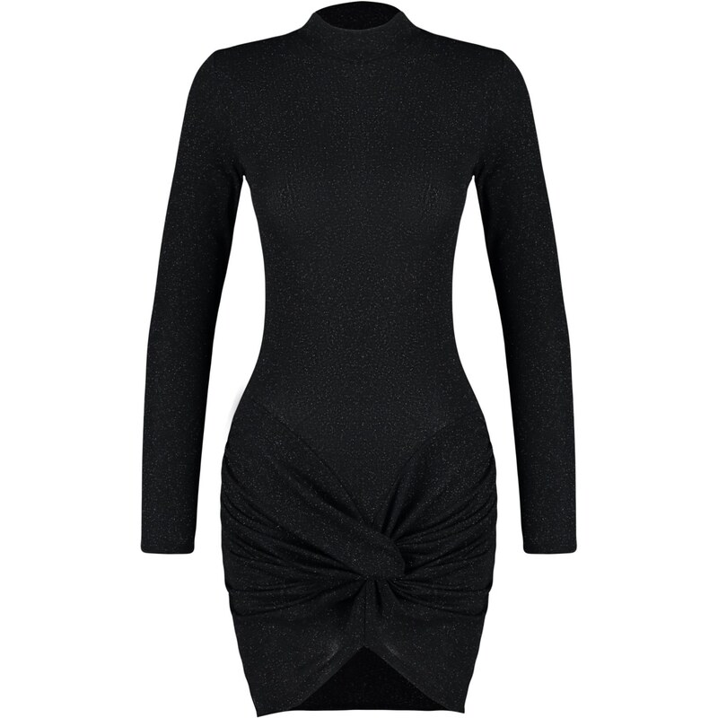 Trendyol Black Fit bleščice Srebrno pletena elegantna večerna obleka