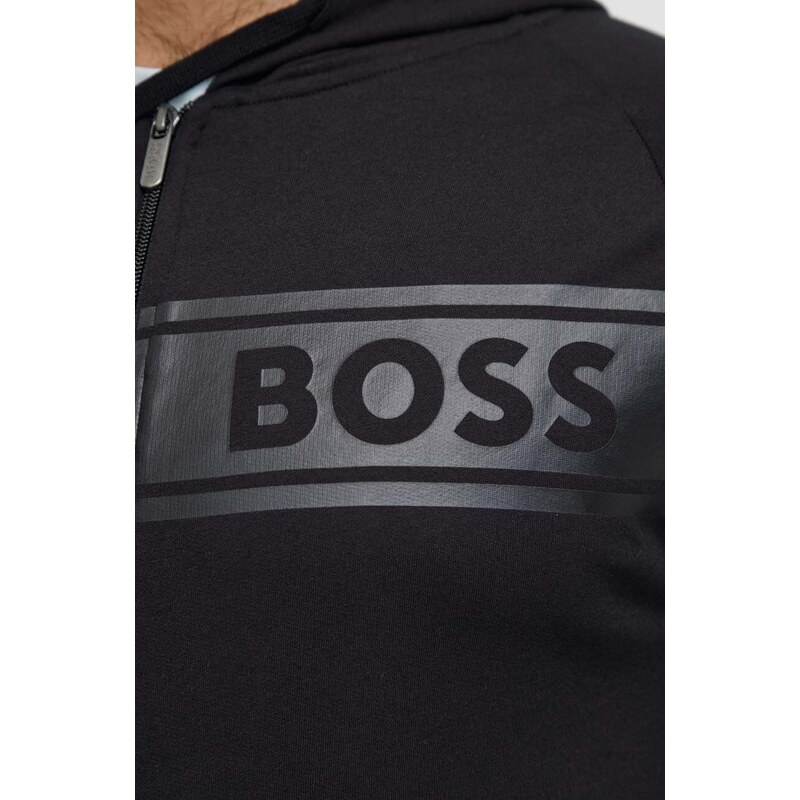 Bombažna majica BOSS črna barva, s kapuco
