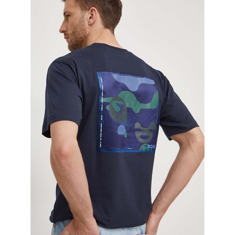 Bombažna kratka majica BOSS moški, mornarsko modra barva