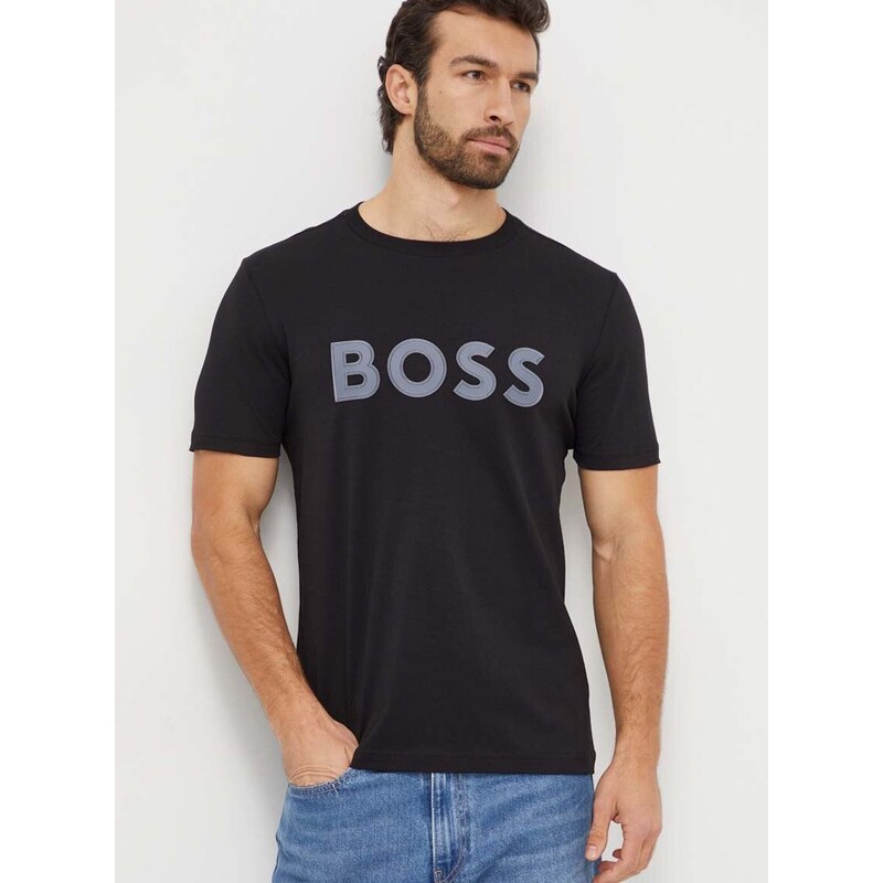 Bombažna kratka majica Boss Green moški, črna barva