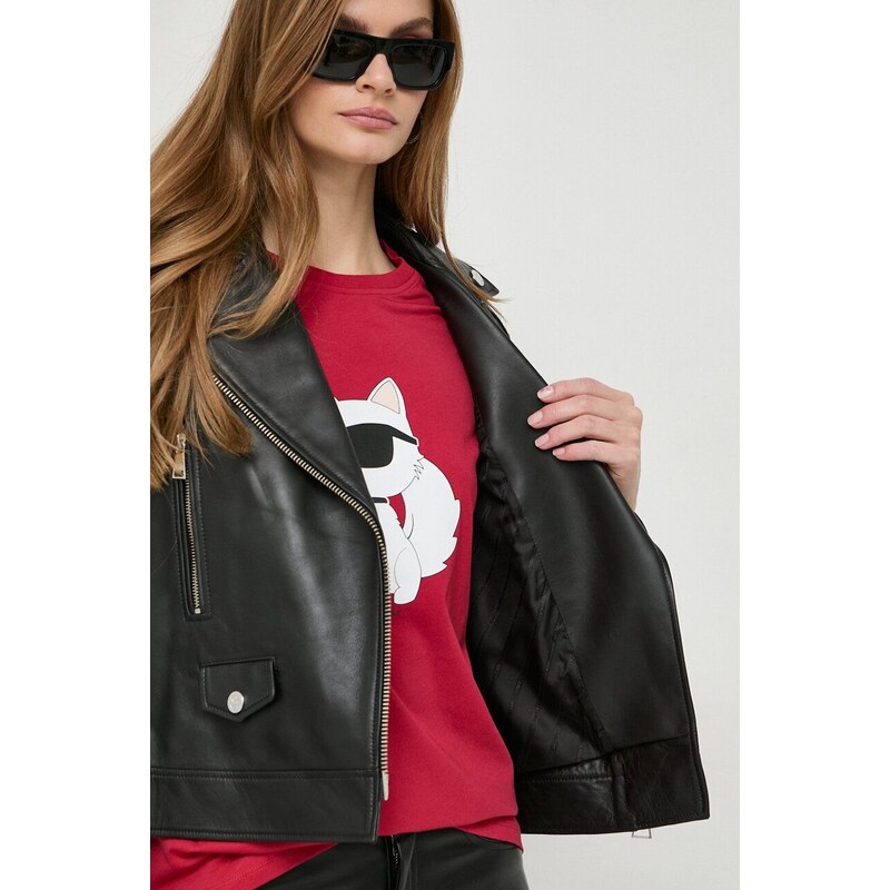 Usnjena biker jakna Karl Lagerfeld ženska, črna barva