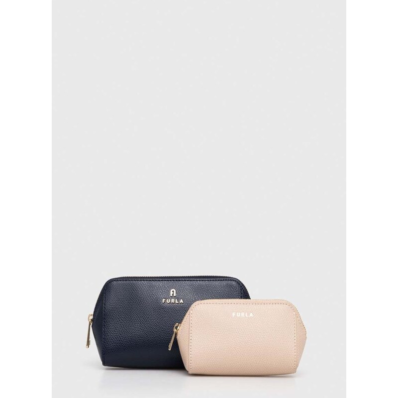 Usnjena kozmetična torbica Furla 2-pack mornarsko modra barva