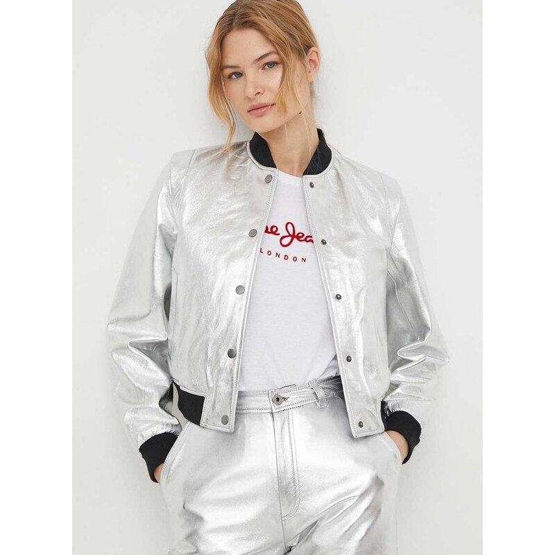 Usnjena bomber jakna Pepe Jeans ženska, srebrna barva