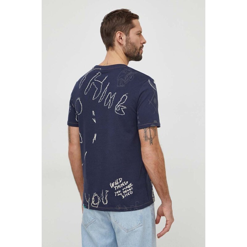 Bombažna kratka majica Desigual moški, mornarsko modra barva
