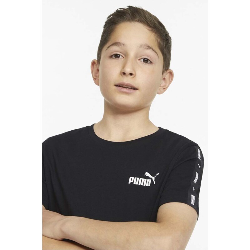 Otroška bombažna kratka majica Puma Ess Tape Tee B črna barva