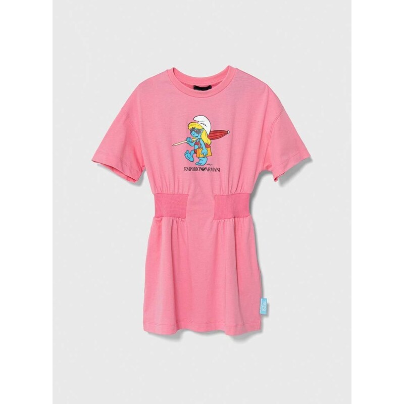 Otroška bombažna obleka Emporio Armani x The Smurfs roza barva