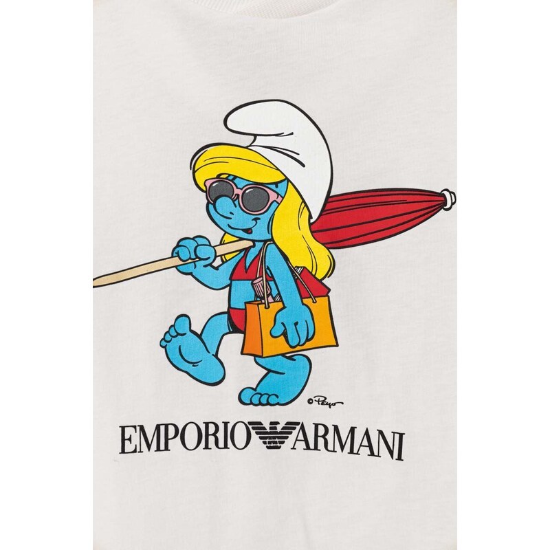 Otroška bombažna kratka majica Emporio Armani The Smurfs bela barva