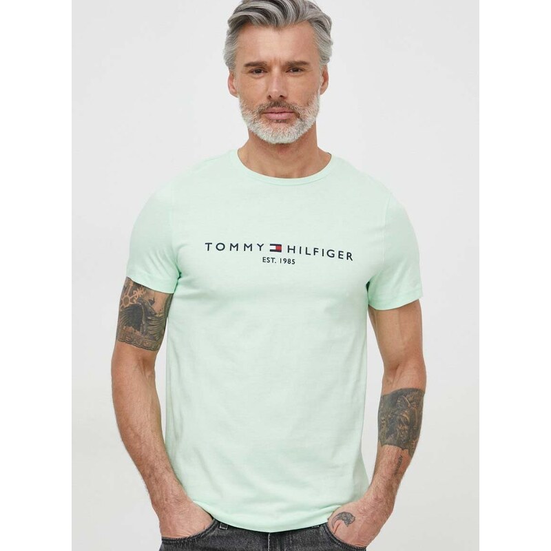 Bombažna kratka majica Tommy Hilfiger moški, zelena barva