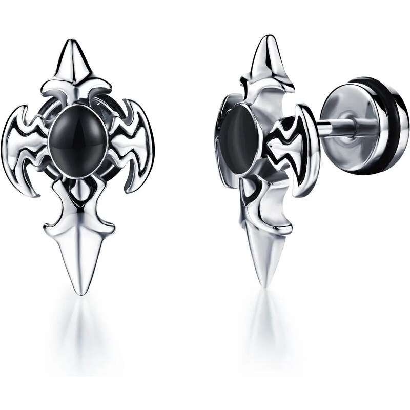 Nakit Eshop - Imitacija jeklenega piercing za uho – helebarda, črn okras, srebrne barve SP25.15