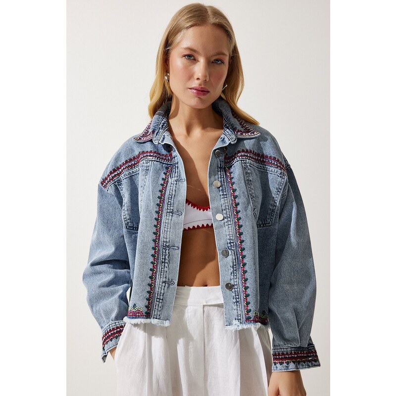 Happiness İstanbul Women's Light Blue Embroidered Denim Jacket