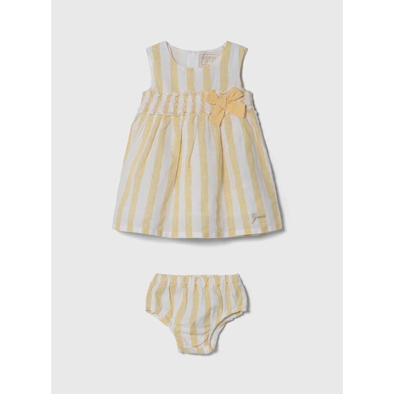 Obleka iz lanene mešanice za dojenčke Guess rumena barva
