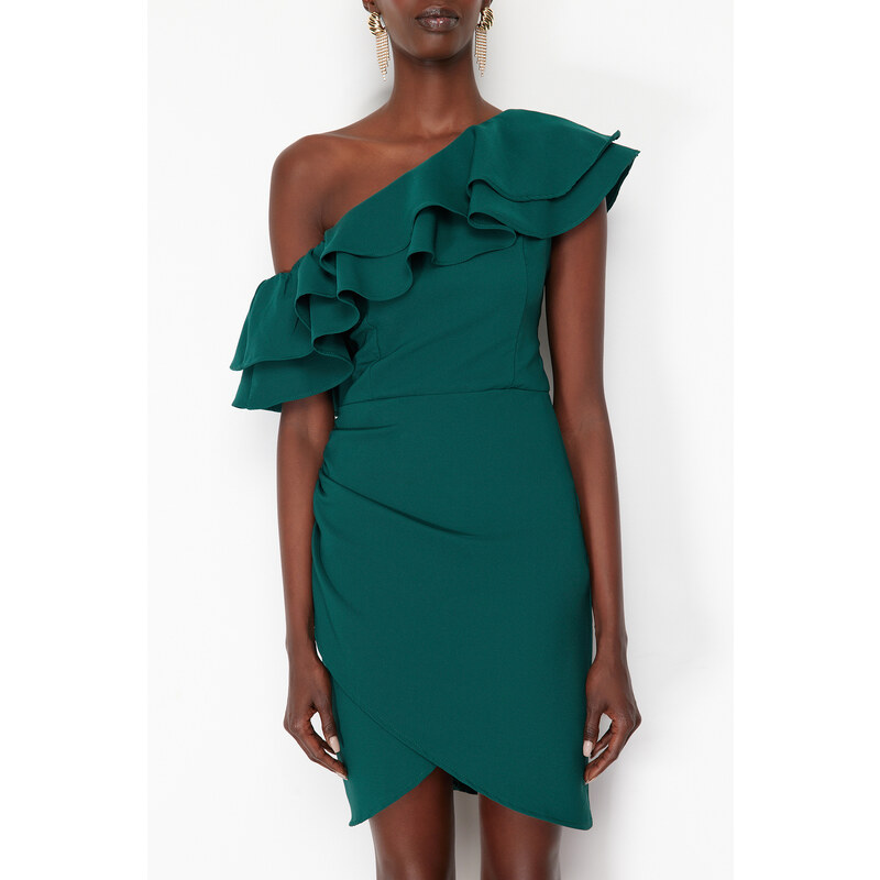 Trendyol Emerald Green Single Sleeve Ruffled Elegant Evening Dress