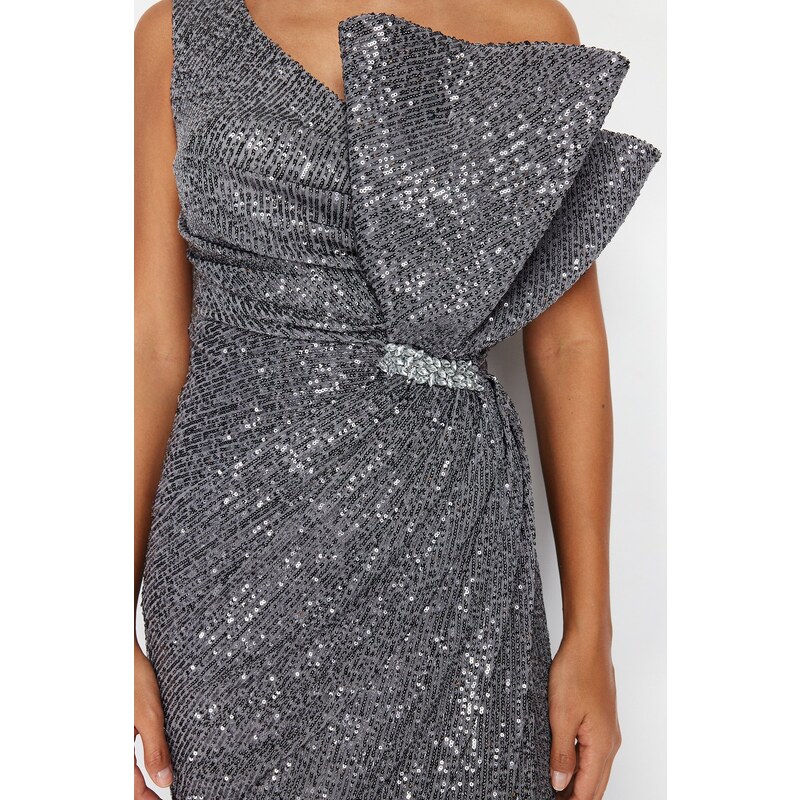Trendyol Gray Sequin Stone Accessory Detail Long Evening Dress