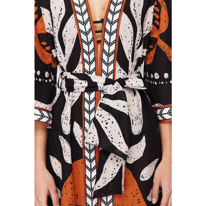 Trendyol Ethnic Pattern Belted Mini-Weave 100% Cotton Kimono & Caftan