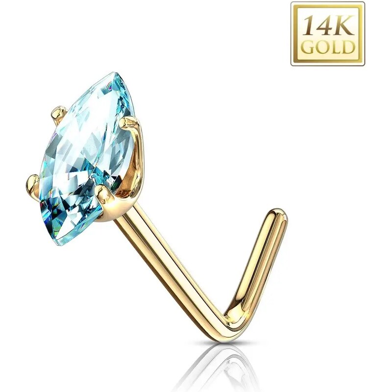 Nakit Eshop - Ukrivljen piercing za nos iz 14-k zlata – svetlo modro cirkonsko zrno, rumeno zlato S1GG223.15