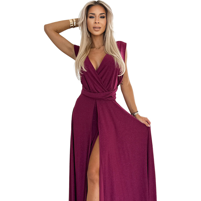 NUMOCO 509-3 Elegant long dress tied in many ways - burgundy with glitter