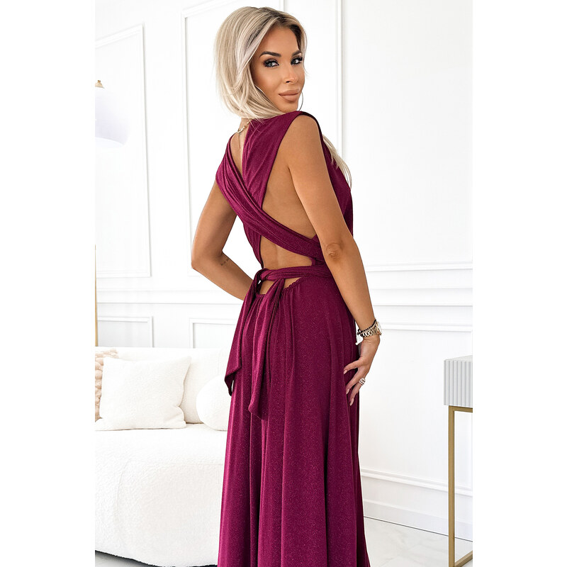NUMOCO 509-3 Elegant long dress tied in many ways - burgundy with glitter