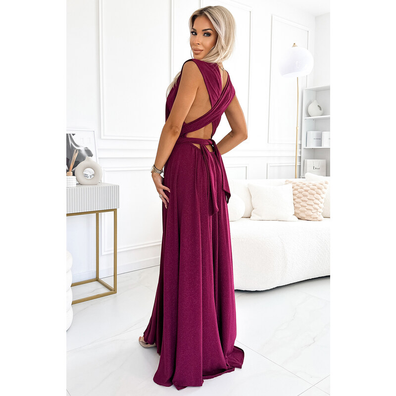 NUMOCO 509-3 Elegant long dress tied in many ways - burgundy with glitter