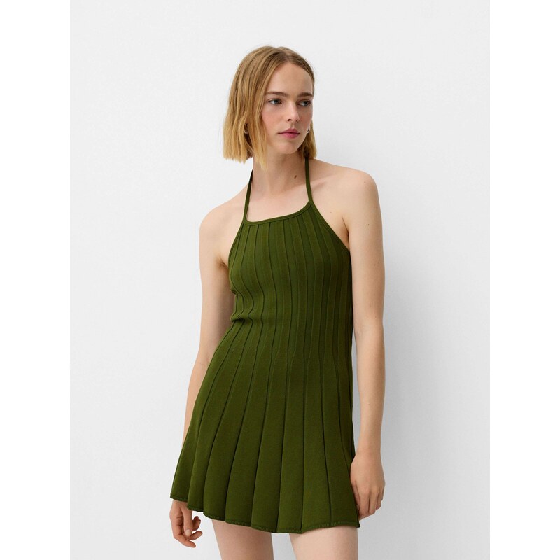 Bershka Pletena obleka temno zelena