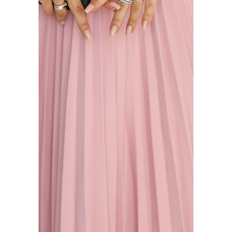 NUMOCO 311-19 LILA Classic pleated dress with short sleeves and a belt - powder pink