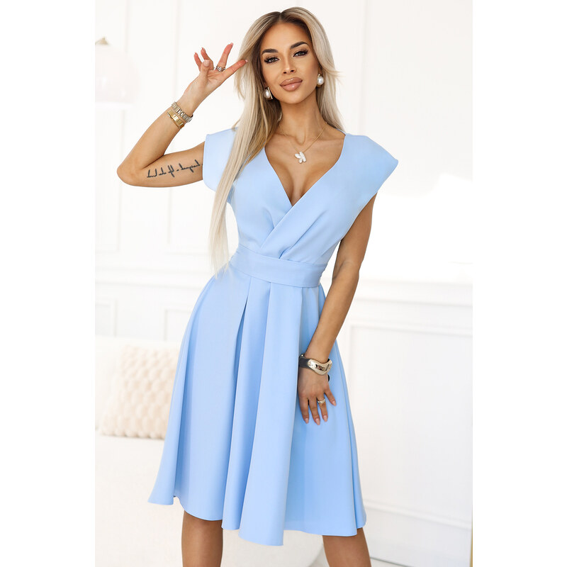 NUMOCO 348-12 SCARLETT - flared midi dress with envelope neckline and belt - light blue