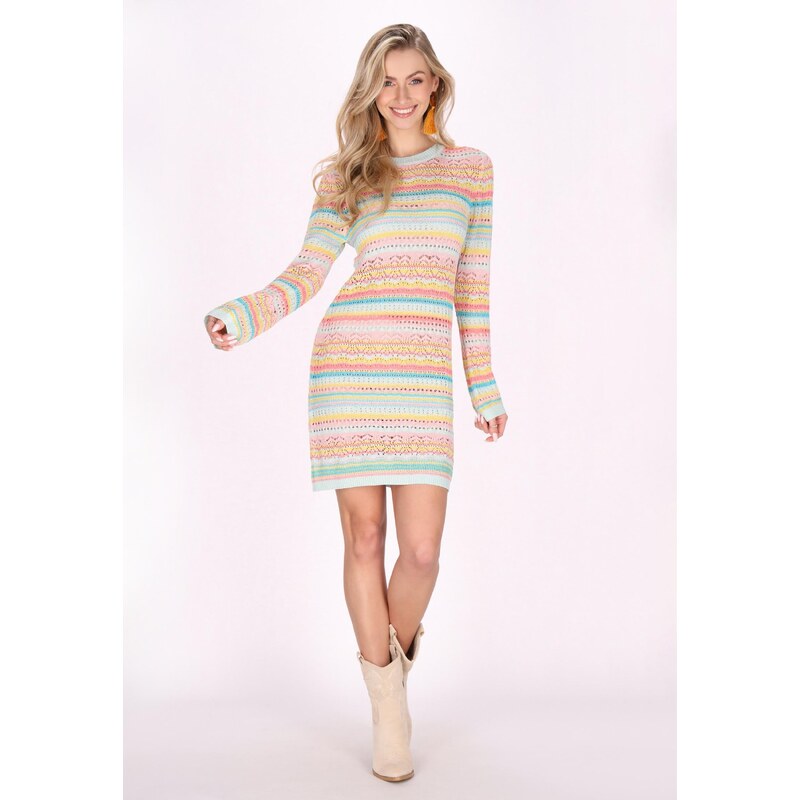 IZIA Pletena obleka 'Festival' turkizna / svetlo oranžna / rosé / bela