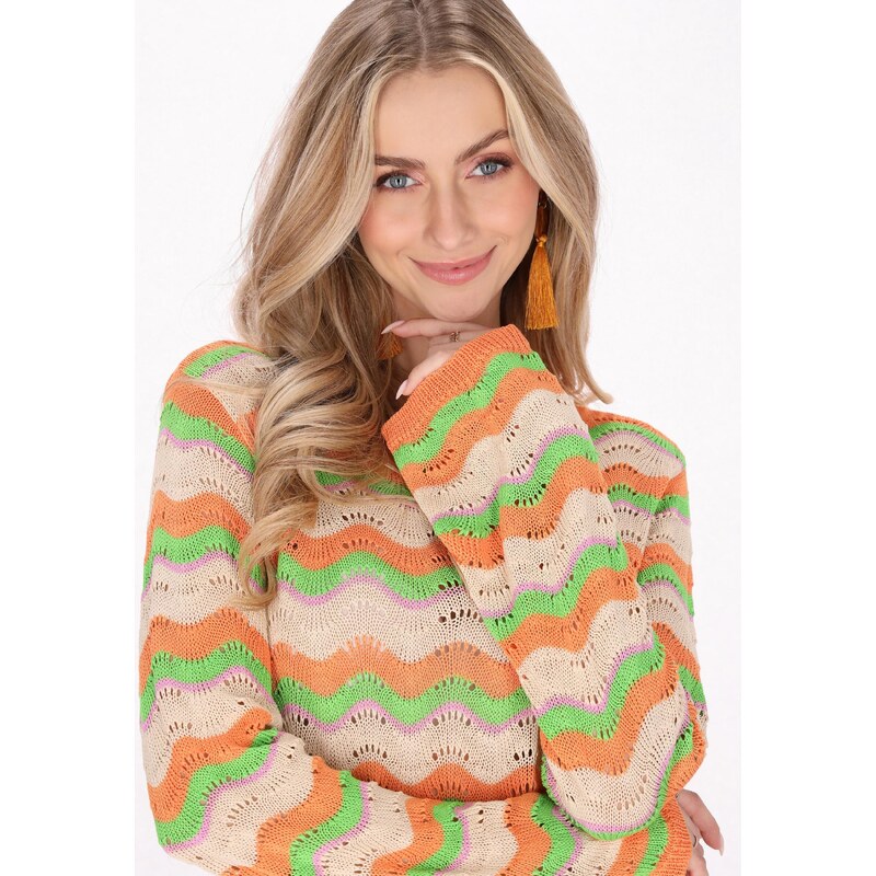 IZIA Pletena obleka 'Festival' bež / svetlo zelena / majnica / oranžna