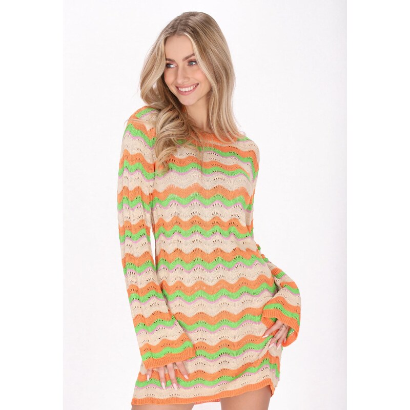 IZIA Pletena obleka 'Festival' bež / svetlo zelena / majnica / oranžna