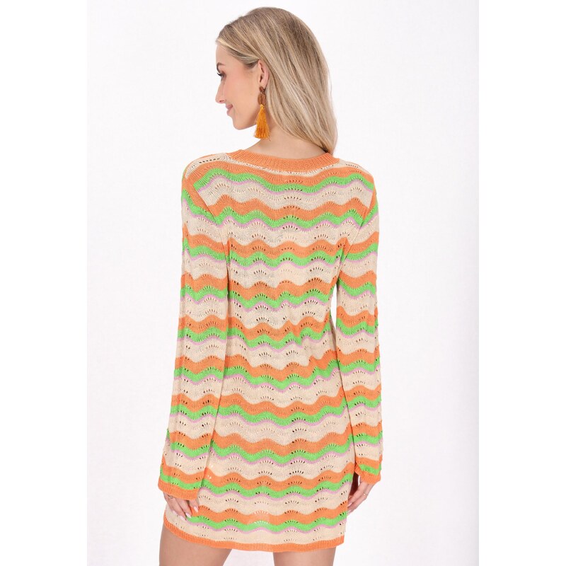 IZIA Pletena obleka 'Festival' bež / svetlo zelena / majnica / oranžna