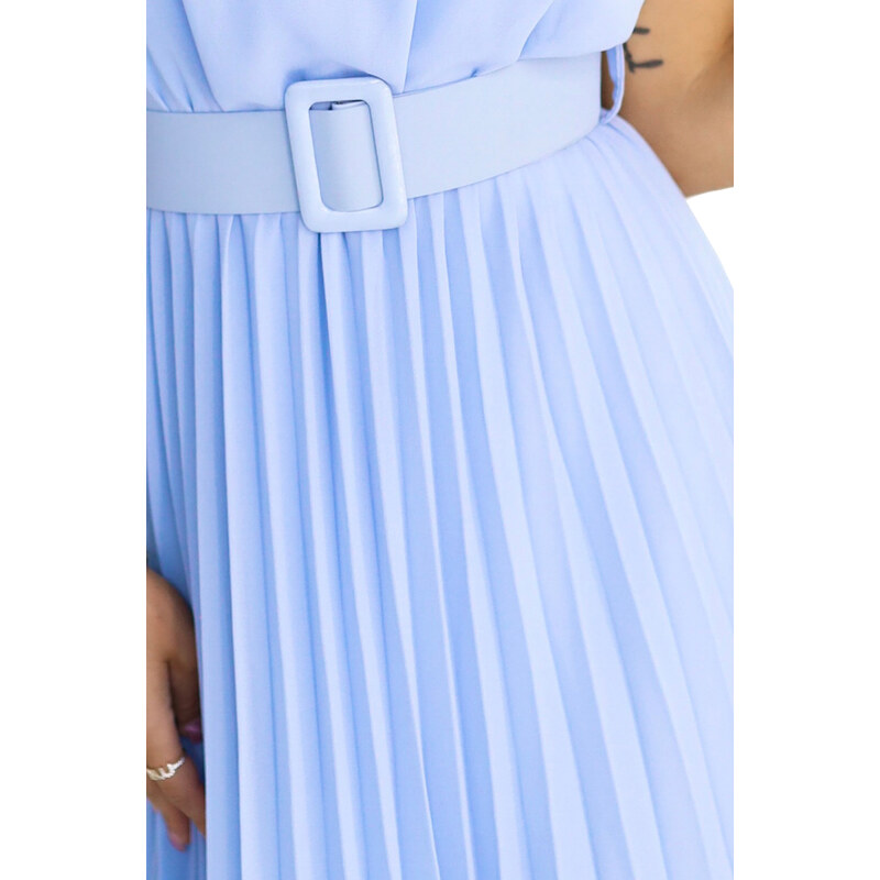 numoco basic 465-4 MIA Pleated Chiffon Midi Dress with Wide Belt - Light Blue