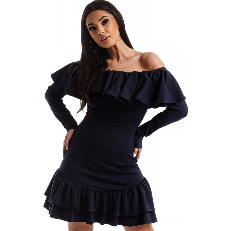 Mornarska obleka z dekorativnim frilom na vratnem izrezu La Diva