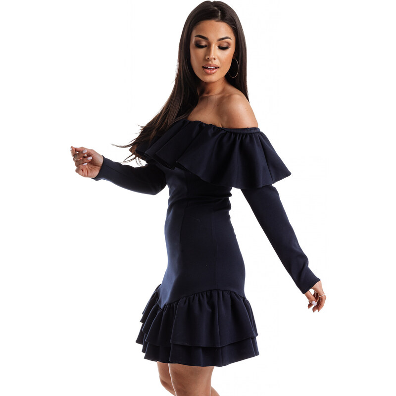 Mornarska obleka z dekorativnim frilom na vratnem izrezu La Diva