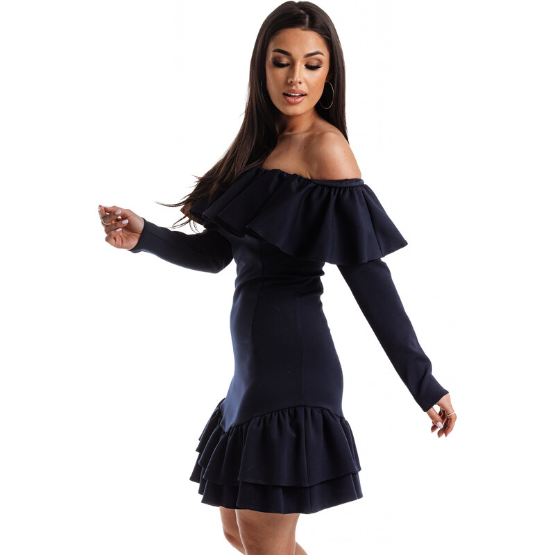 Mornarska obleka z dekorativnim frilom na vratnem izrezu La Diva