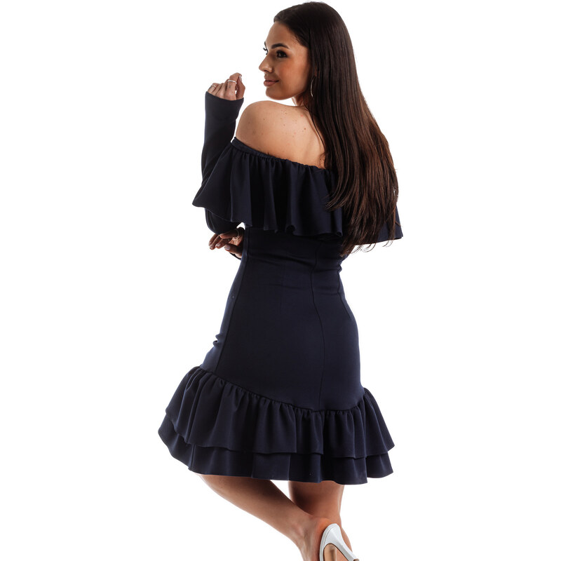 Mornarska obleka z dekorativnim frilom na vratnem izrezu La Diva