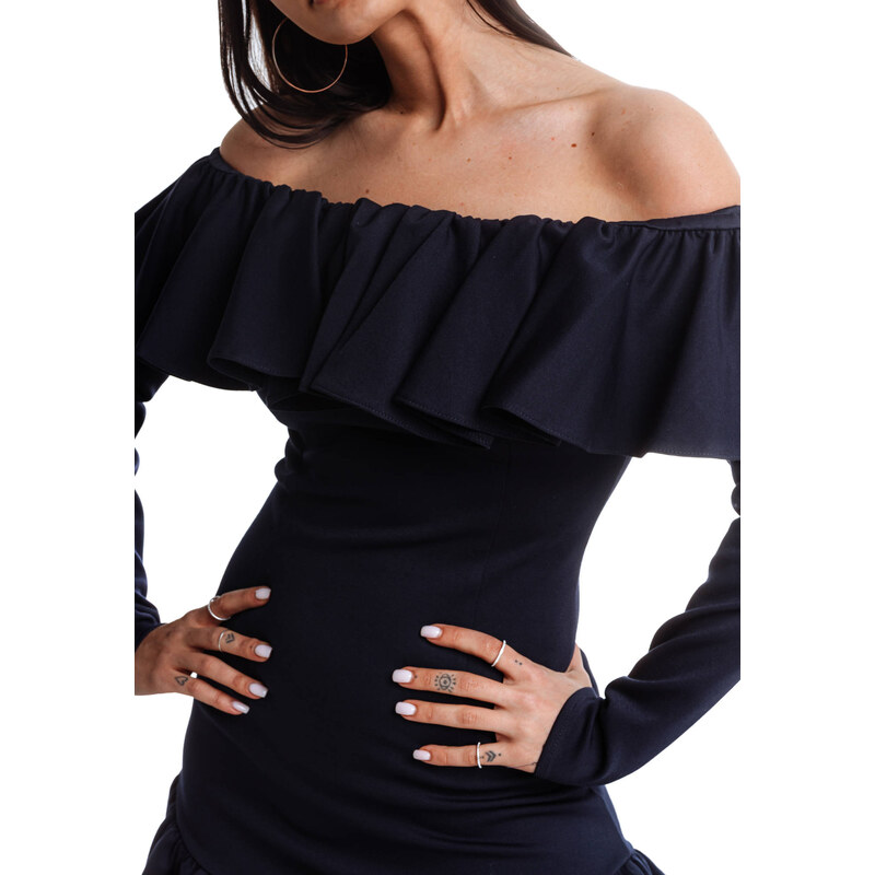 Mornarska obleka z dekorativnim frilom na vratnem izrezu La Diva