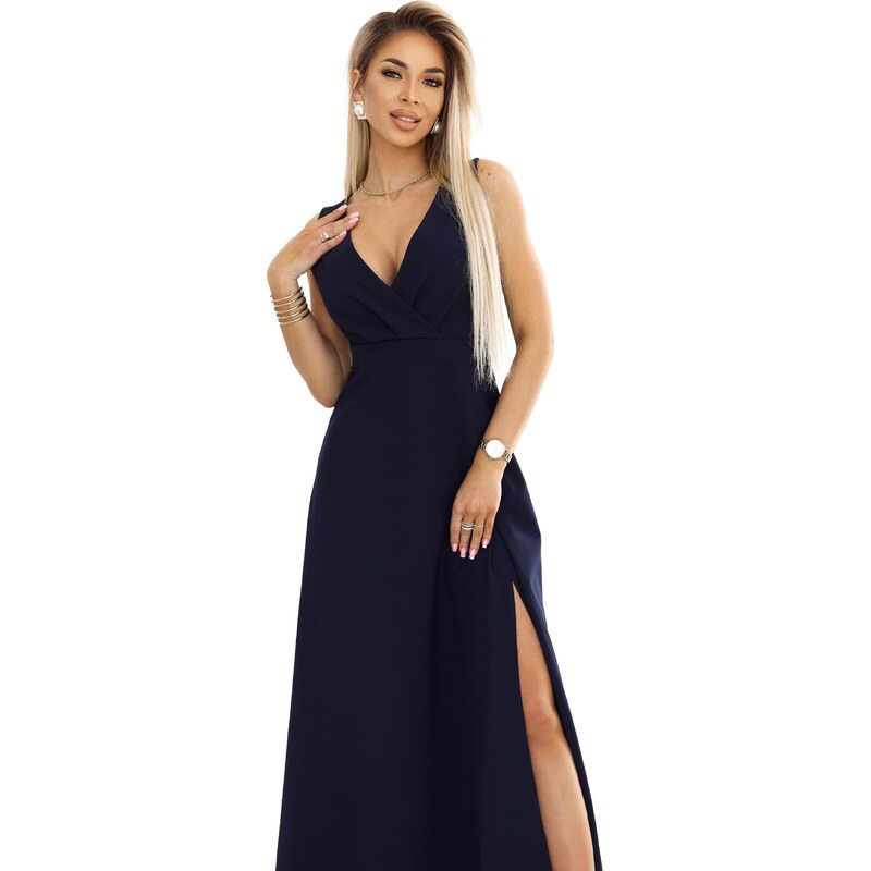 NUMOCO 634-1 MIRA elegant maxi dress with a wrap neckline and a slit on the leg - navy blue