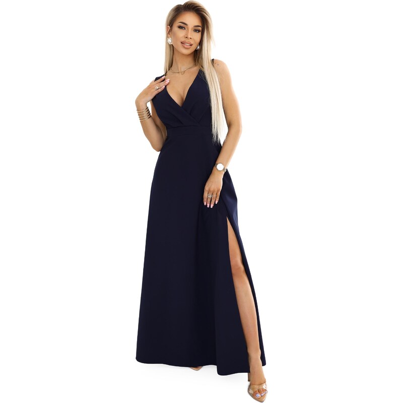 NUMOCO 634-1 MIRA elegant maxi dress with a wrap neckline and a slit on the leg - navy blue