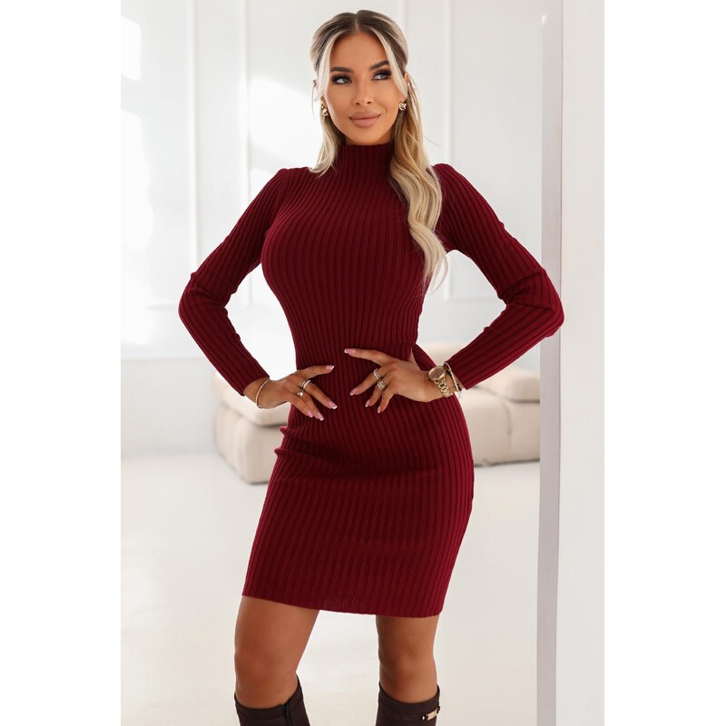 numoco basic Elegantna bordo pulover obleka z ovratnikom