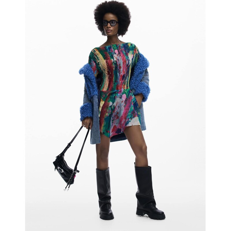 Desigual Obleka kremna / temno modra / zelena / rdeča