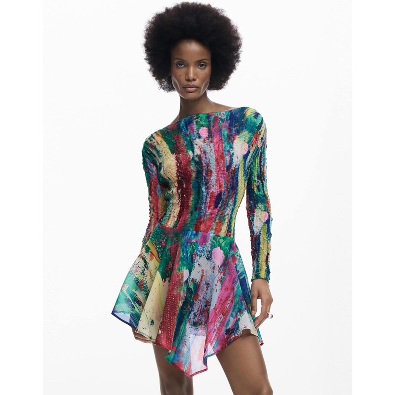 Desigual Obleka kremna / temno modra / zelena / rdeča