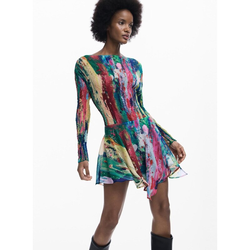 Desigual Obleka kremna / temno modra / zelena / rdeča