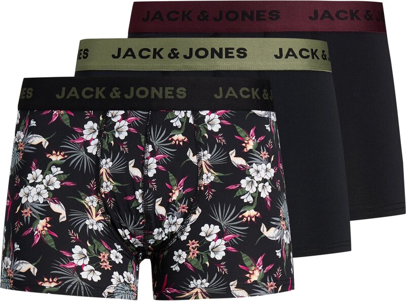 JACK & JONES Boksarice 'JACFlower' zelena / vinsko rdeča / črna / bela