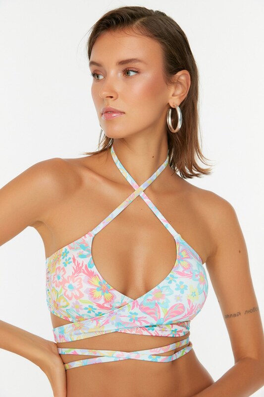 Trendyol Floral Pattern Bikini Top With Tie Detailed