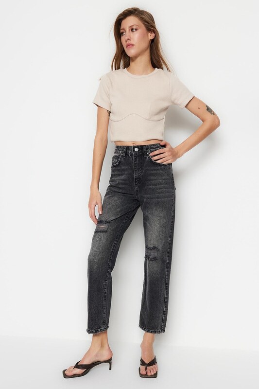 Trendyol Black raztrgal visok pas ravne kavbojke