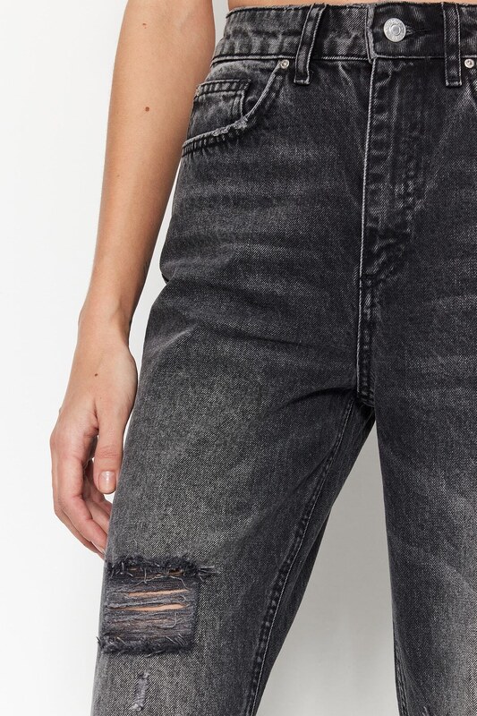 Trendyol Black raztrgal visok pas ravne kavbojke