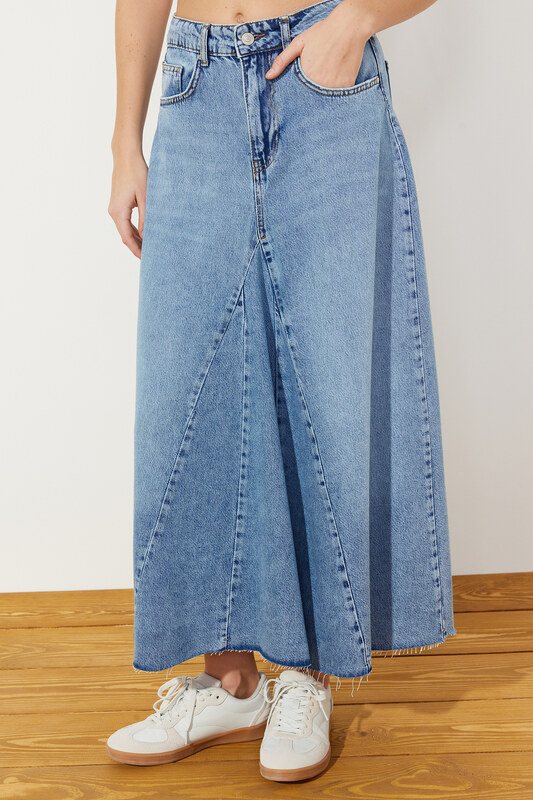 Trendyol Blue Flounce Sewing Detailed High Waist Maxi Denim Skirt