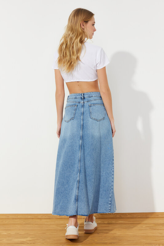 Trendyol Blue Flounce Sewing Detailed High Waist Maxi Denim Skirt