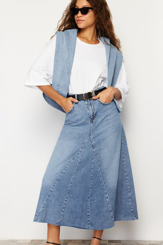 Trendyol Blue Flounce Sewing Detailed High Waist Maxi Denim Skirt